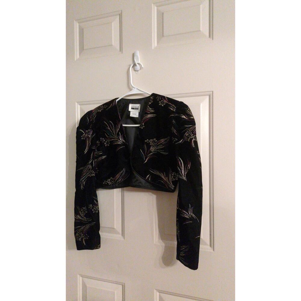 Leslie Fay Evenings Petite Womens Cropped Black Velvet Floral Design Jacket 6